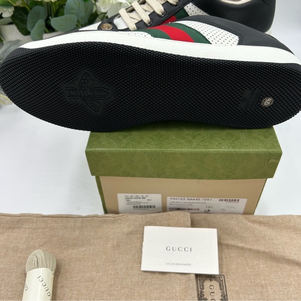 Men’s Gucci, low top screener sneakers, black/white paneled leather design 12.5 - Picture 6 of 12